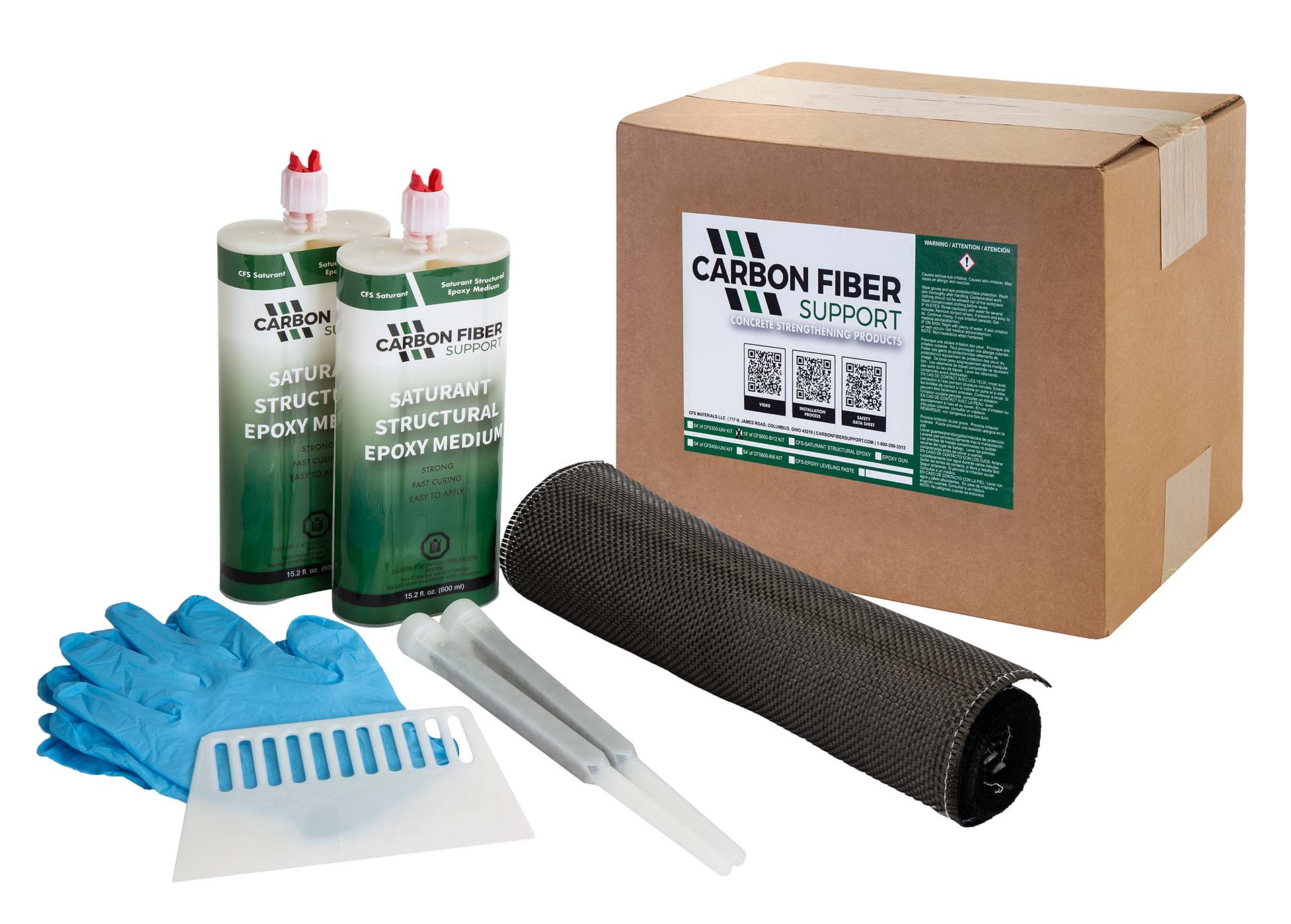 An image of the 10' Carbon Fiber & Epoxy Repair Kit, a complete solution for concrete wall support.