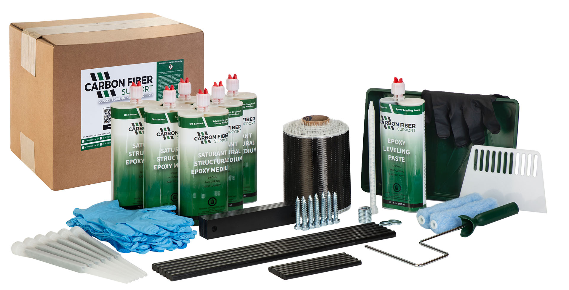 The 54′ CFS 400 gsm Uni Premium Kit 6 Pack including carbon fiber, structural epoxy and more