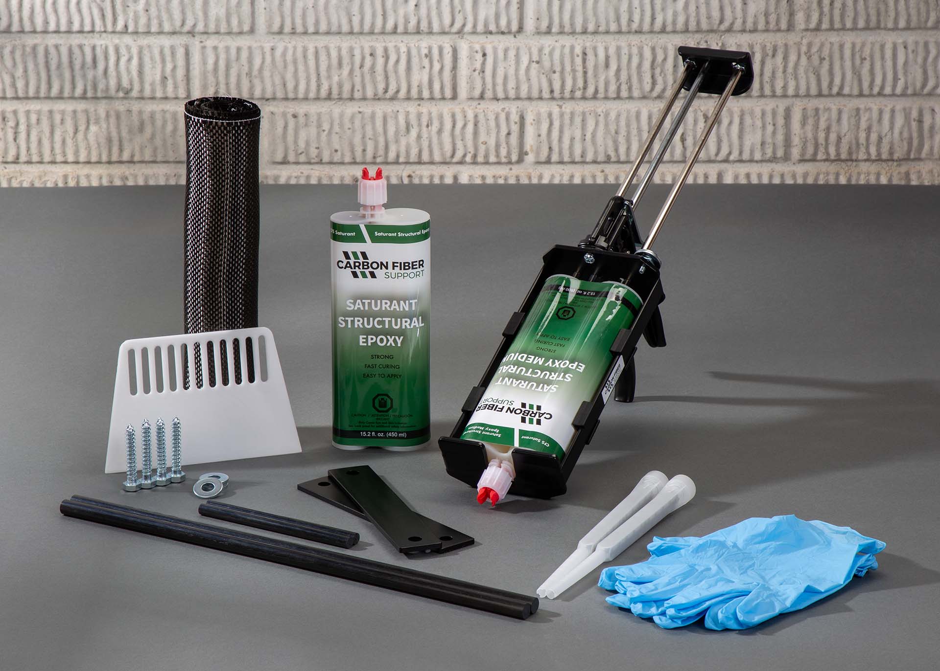 An image of the 10' Carbon Fiber & Epoxy Repair Kit, a complete solution for concrete wall support. 