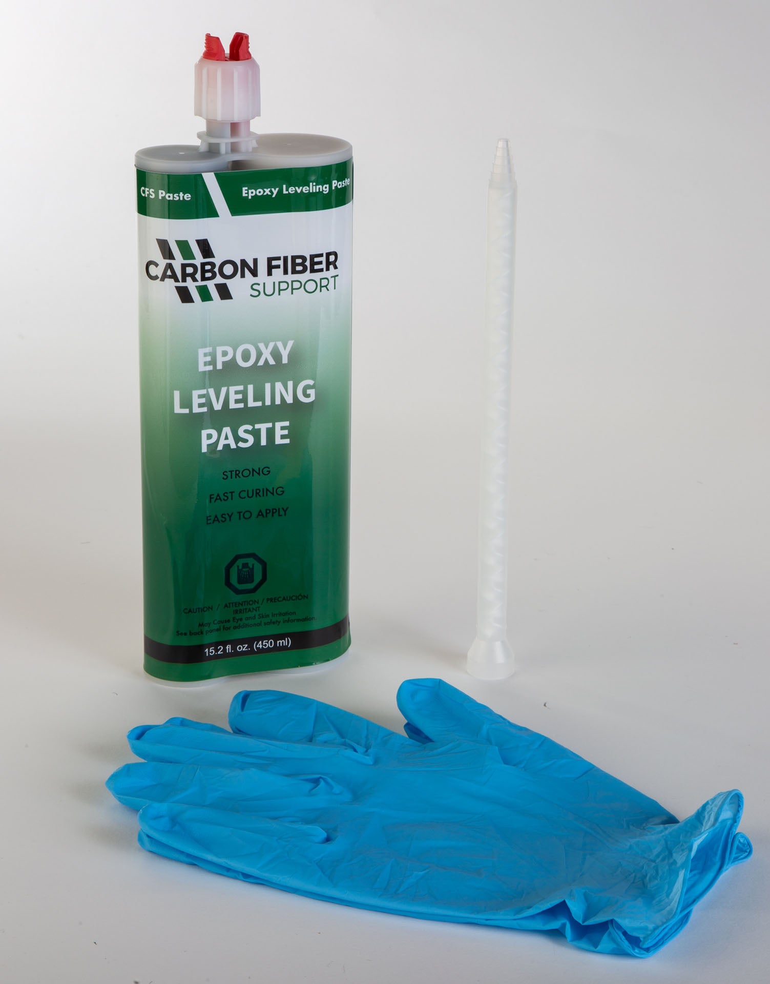 Image of epoxy leveling paste from Carbon Fiber Support, showing gloves on the side. 