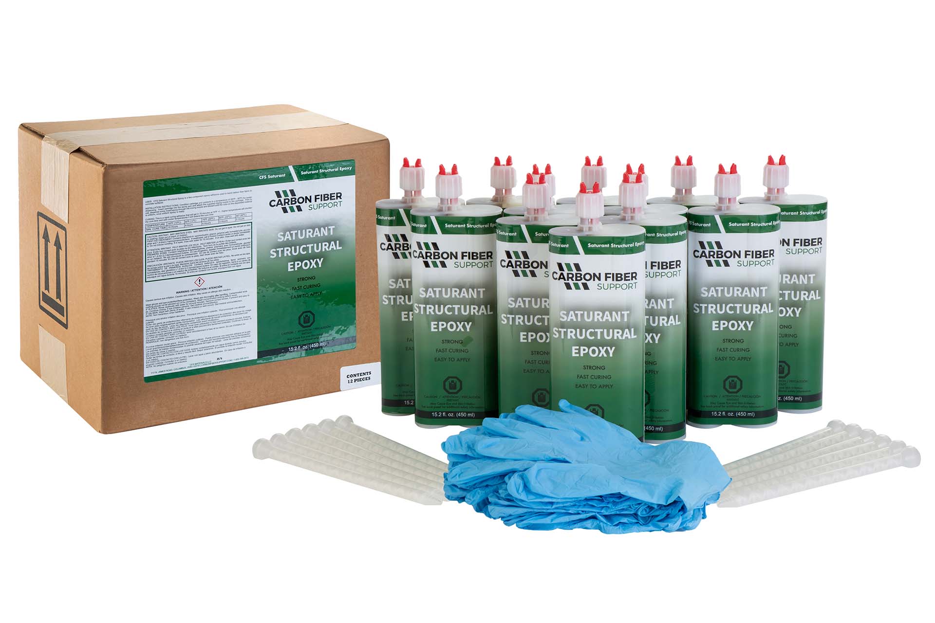 CFS Saturant Structural Epoxy Case of 12, shown with box and gloves.